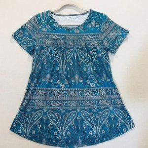 Women's Blouse Teal with White floral pattern Top Shirt Size S New